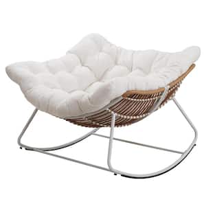 White Metal Oversized Outdoor Rocking Chair Papasan Chair with Padded White Cushions