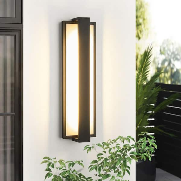 RRTYO Amzie 16.1 in. Modern Black and White Rectangular Integrated LED Outdoor Hardwired Wall Lantern Scone Patio Light