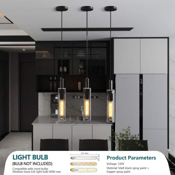 3-Pack 1-Light Modern Black Pendant Lights with Clear Glass Shades for Kitchen Island, Hallway