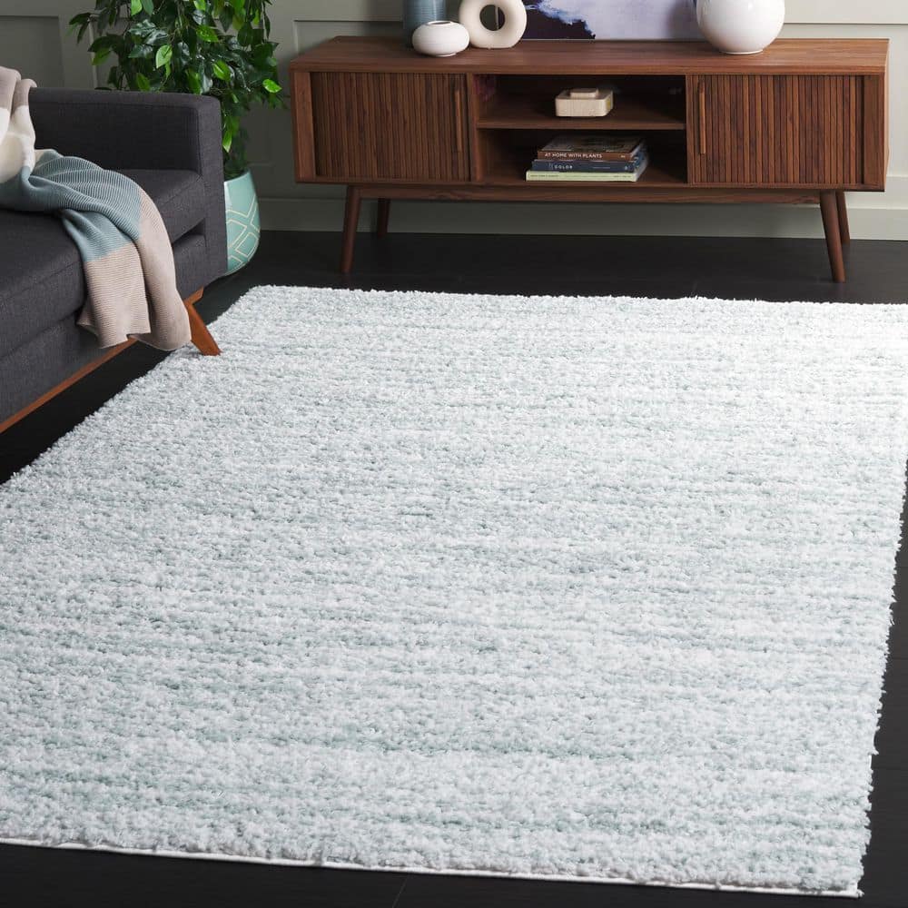 SAFAVIEH Rumi Shag 7 ft. x 7 ft. Aqua/Ivory Abstract Striped Square ...