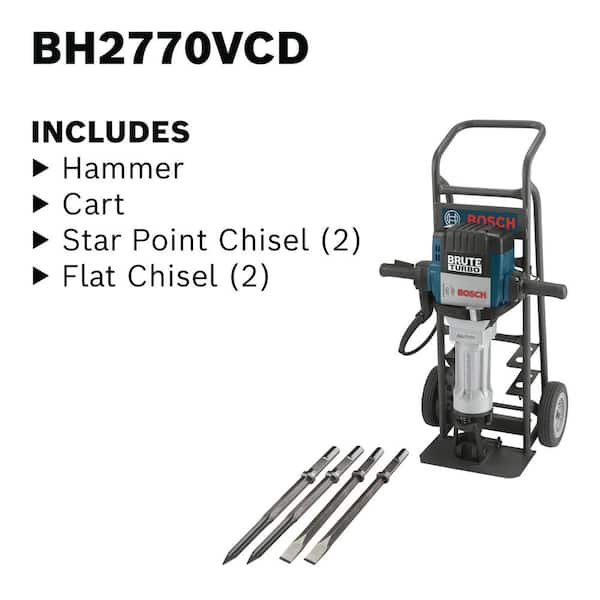 Bank langzaam Onbepaald Bosch Brute Turbo 15 Amp 1-1/8 in. Corded Concrete/Masonry Variable Speed  Electric Hex Breaker Hammer Kit w/ Cart & 4 Chisels BH2770VCD - The Home  Depot