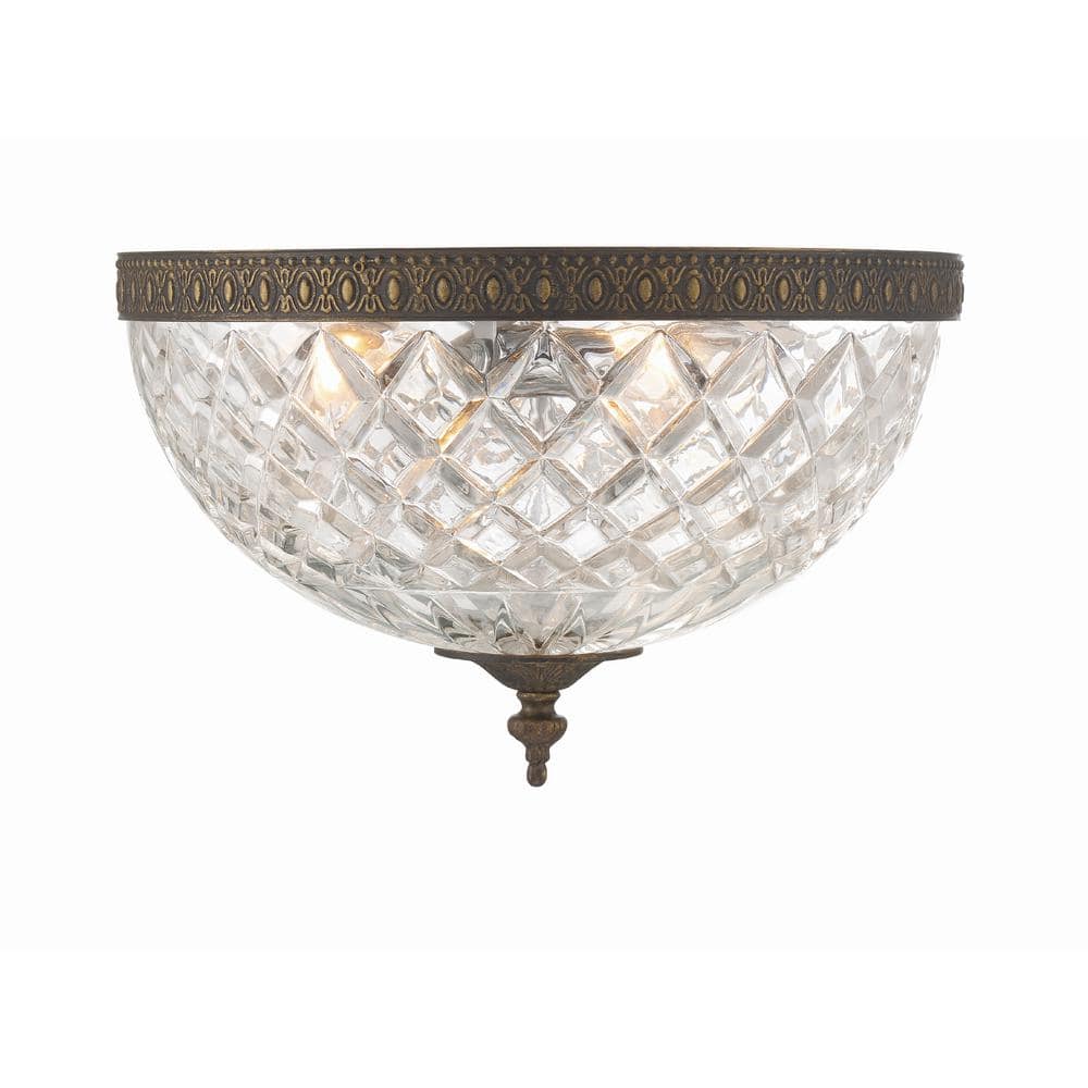English Bronze Crystal 3-Light Bowl Ceiling Mount