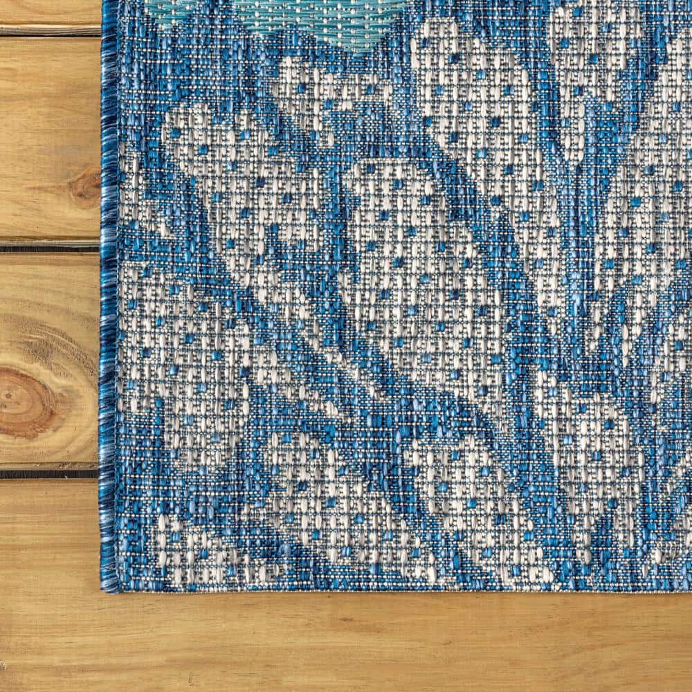 Navy and Aqua Floral Flat Woven Runner Rug