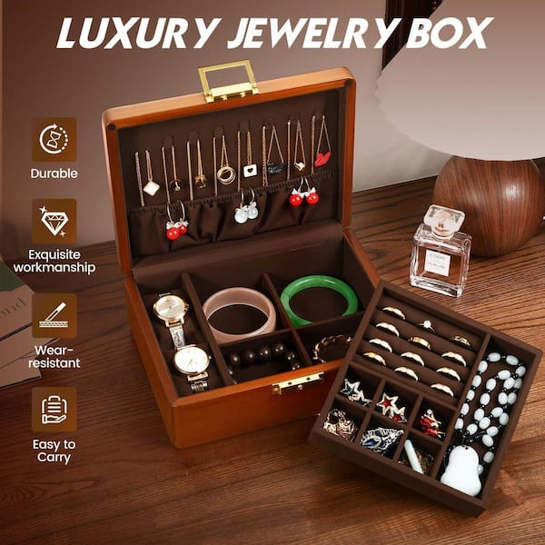 Solid Walnut Jewelry Box with Lock, 2-Layer Velvet Lining, Vintage