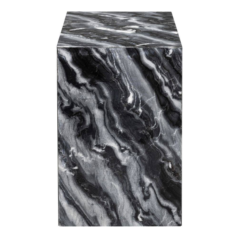 Square black and gray marble pedestal block end table from three-quarter view.