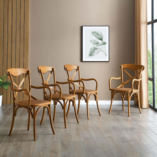 Gear Rustic Modern Farmhouse Elm Wood Rattan 4-Dining Armchairs in Walnut