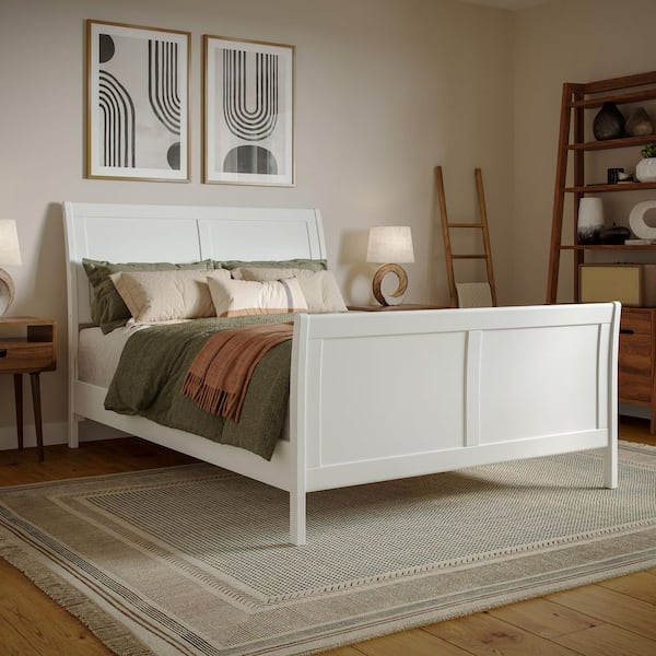 AFI Valencia White Solid Wood Frame Full Low Profile Sleigh Platform Bed with Matching Footboard