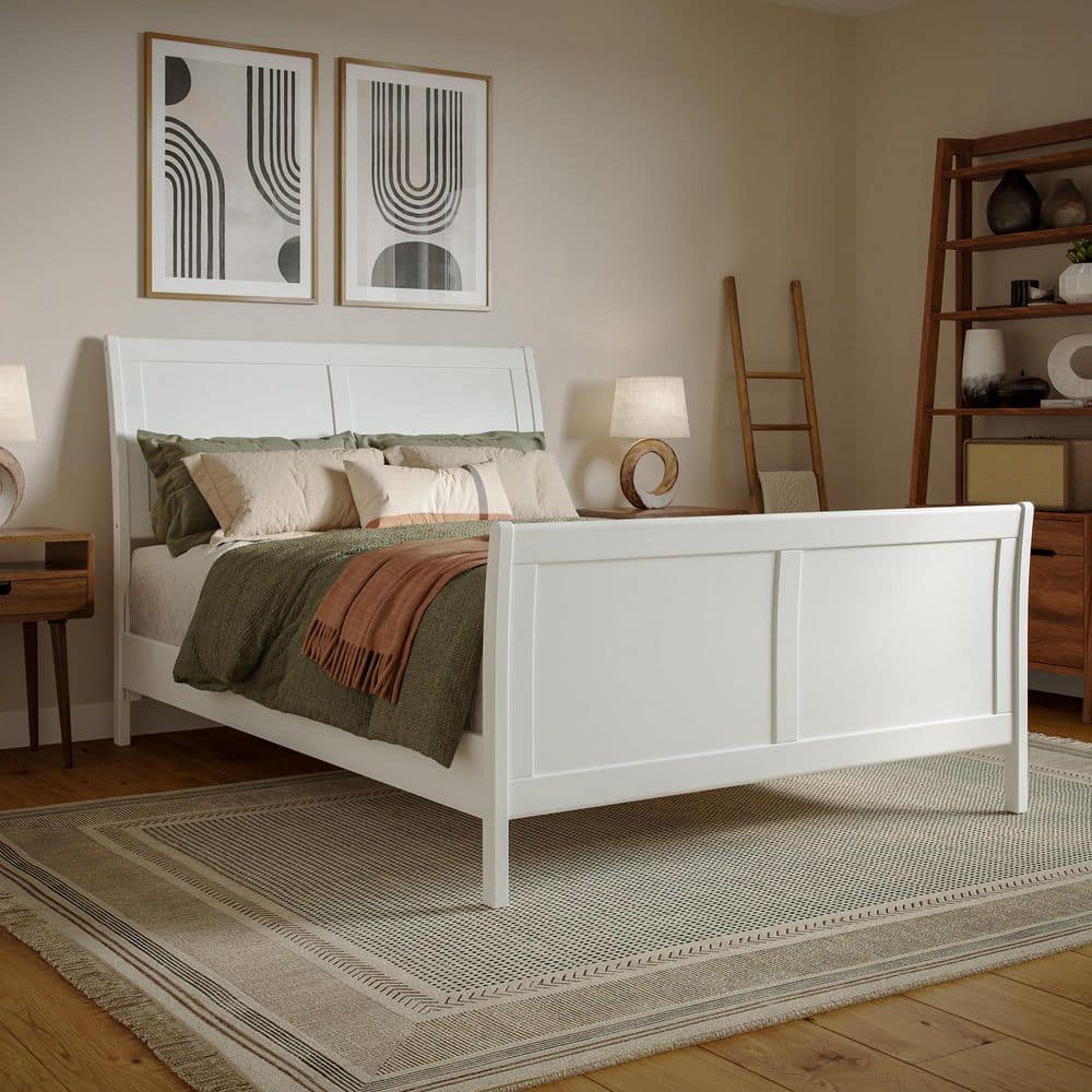 Valencia White Full Sleigh Platform Bed with Wood Frame