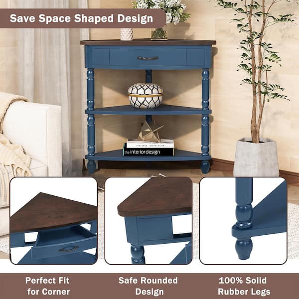 CSC DECOR INC 33.8 in. Navy Blue Triangle Wood End Table with 1
