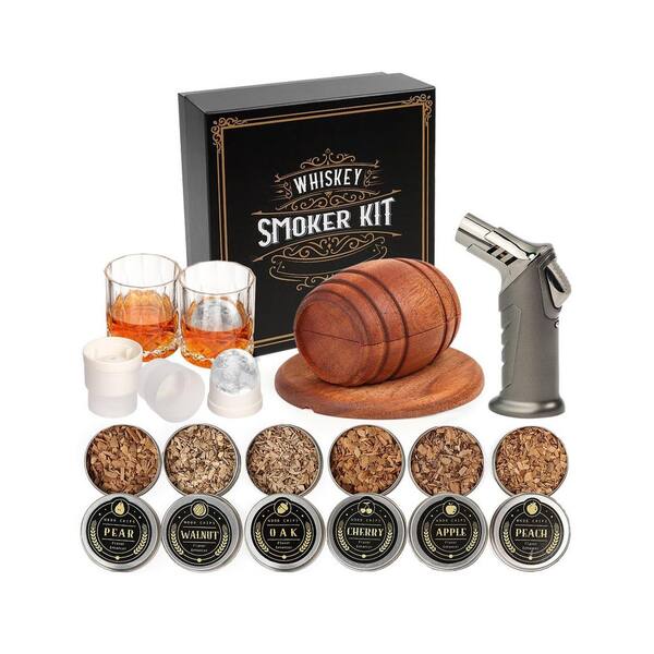 1-Kit Wood Cocktail Smoker Infuser Kit with Torch and 6 Flavors Wood Chips for Whiskey Bourbon Drinks