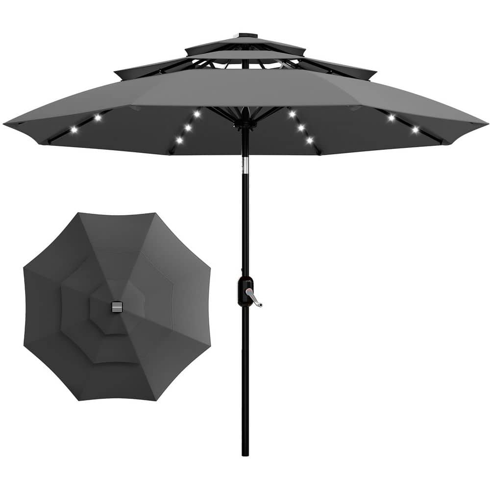 10 ft. 3-Tier Patio Umbrella, Solar LED Lighted Round Market Umbrella with Crank and Push Button Tilt in Gray price history on PriceWatchPro