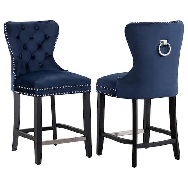 WESTINFURNITURE Harper 24 in. Navy Blue Velvet Tufted Wingback Kitchen Counter Stool with Black Solid Wood Frame (Set of 2)