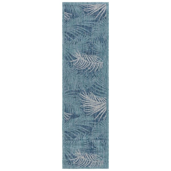 SAFAVIEH Courtyard Aqua/Navy 2 ft. x 8 ft. Border Palm Leaf Indoor/Outdoor Runner Rug