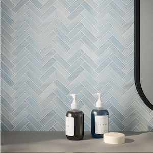 Take Home Tile Sample - Orbit Herringbone Blue 4 in. x 4 in. Herringbone Gloss Glass Mosaic