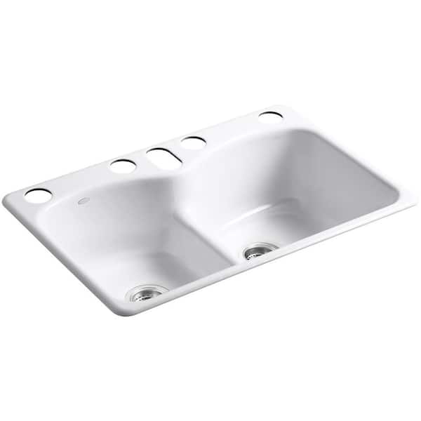KOHLER Langlade Smart Divide Undermount Cast Iron 33 in. 6-Hole Double Bowl Kitchen Sink in White