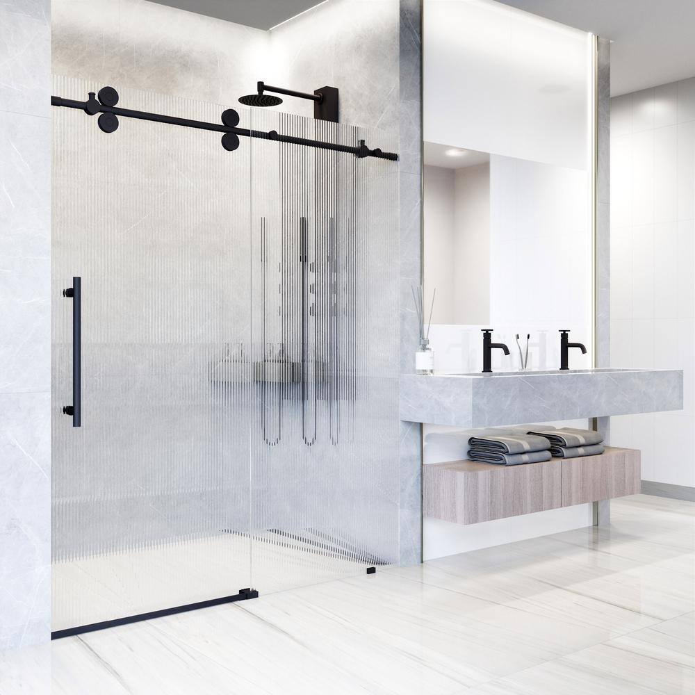 Elan Matte Black Frameless Sliding Shower Door with Fluted Glass