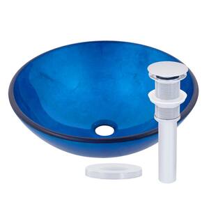 Verdazzurro Glass Vessel Sink in Painted Blue Foil with Drain Assembly in Chrome