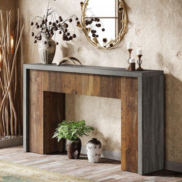 BYBLIGHT Turrella 55 in. Brown and Dark Grey Rectangle Wood Console Table with Dual-Tone Design, Narrow Long Sofa Table Behind