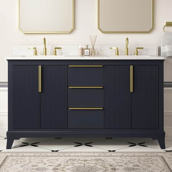 Rothen 61 in. Double Sink Freestanding Dark Blue Bath Vanity with White Engineered Stone Top and Backsplash Assembled
