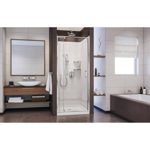 Flex 36 in. x 36 in. x 76.75 in. Pivot Shower Kit Door in Chrome with Center Drain White Acrylic Base and Back Walls Kit Flex 36 in. x 36 in. x 76.75 in. Pivot Shower Kit Door in Chrome with Center Drain White Acrylic Base and Back Walls Kit