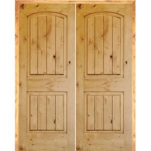 56 in. x 80 in. Rustic Knotty Alder 2-Panel Arch Top VG Left Handed Solid Core Wood Double Prehung Interior French Door
