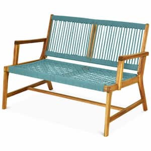 2-Person Turquoise Acacia Wood Yard Bench Chair for Balcony and Patio