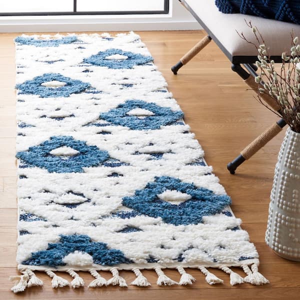 Moroccan Tassel Shag 2 ft. x 14 ft. Blue/Ivory High-Low Geometric Fringe Runner Rug