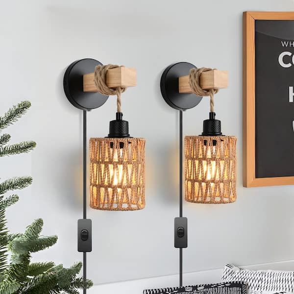 Henveton Wigston 4.72 in. 1-Light Brown Wall Sconces with Rattan Shade (Set of 2), Farmhouse Boho Wall Mount Lights