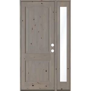 44 in. x 96 in. Knotty Alder 2-Panel Left-Hand/Inswing Clear Glass Grey Stain Wood Prehung Front Door w/Right Sidelite