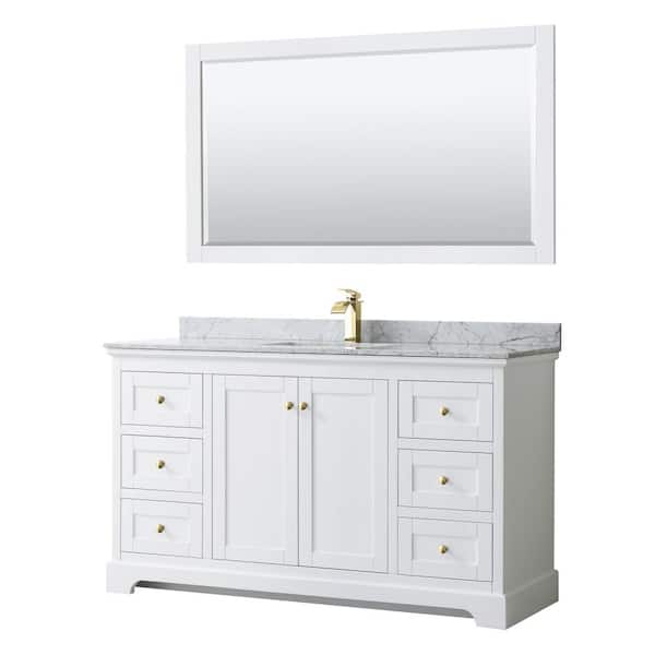 Wyndham Collection Avery 60 in. W x 22 in. D x 35 in. H Single Sink Bath Vanity in White with White Carrara Marble Top and 58" Mirror