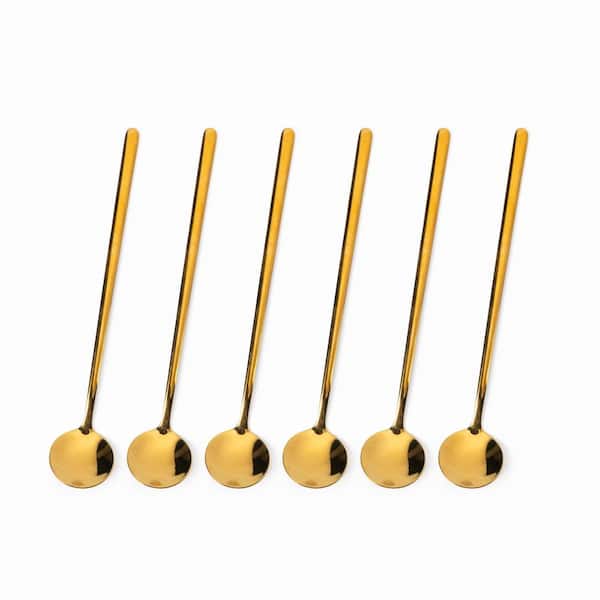 6-Piece Set of 6.7 in. Long-Handled Gold Tone 304 Stainless Steel Coffee Spoons for Stirring Drinks Set