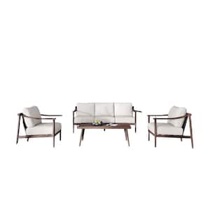 Brown 4-Piece Metal Patio Conversation Set with Beige Cushions