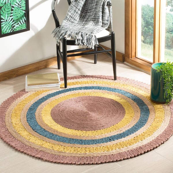 Natural Fiber Lavender/Multi 7 ft. x 7 ft. Round Border Area Rug
