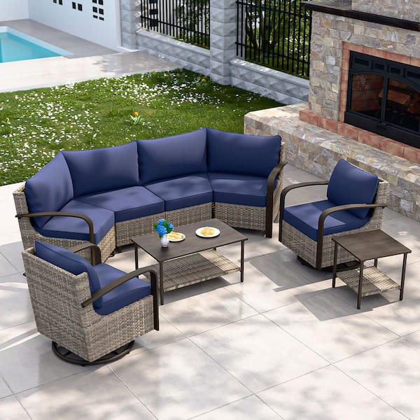 6-Seat Patio Brown Wicker Steel Swivel Glider Chair Conversation Set Outdoor Half-Moon Sectional Set with Blue Cushions