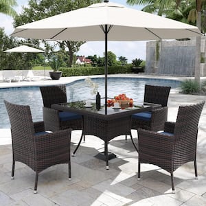 5-Piece Wicker Square Outdoor Dining Set with Glass Tabletop, 1.5 in. Umbrella Hole and Cushion Navy Blue