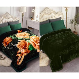 Green 2-Ply 85 in. x 95 in. Reversible Polyester Silky Raschel Blanket, Wrinkle and Fade Resistant Bed Warm Blanket