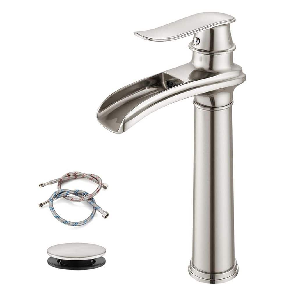Waterfall Single Handle Single Hole Tall Spout Bathroom Vessel Sink Faucet With Pop-Up Drain Assembly in Brushed Nickel price history on PriceWatchPro