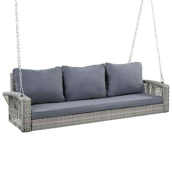 69 in. 3-Person Upgraded Gray Wicker Outdoor Porch Swing with Gray Cushions, Support 800 lbs.