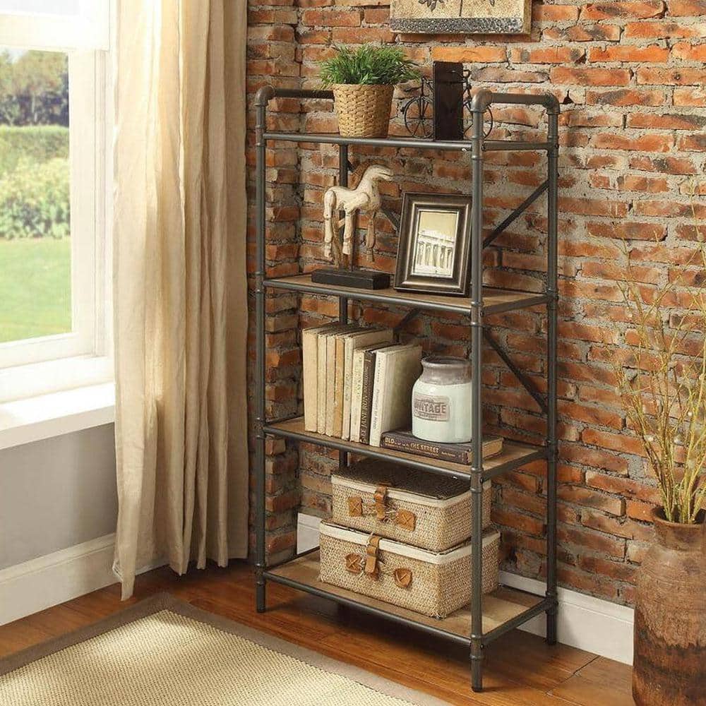 Antique Oak and Sandy Gray 4-Shelf Wood Bookcase