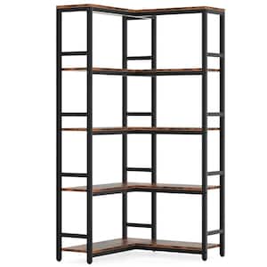 Earlimart 70.87 in. Rustic Brown Engineered Wood and Metal 5-Shelf Corner Etagere Bookcase with 5-Tier Storage Shelves