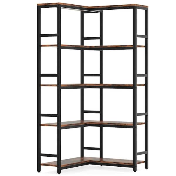 Tribesigns Earlimart 70.87 in. Rustic Brown Engineered Wood and Metal 5-Shelf Corner Etagere Bookcase with 5-Tier Storage Shelves