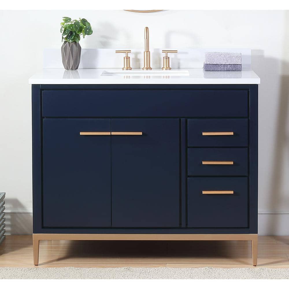 42" Dark Wood and Gold Freestanding Bathroom Vanity with White Quartz Top