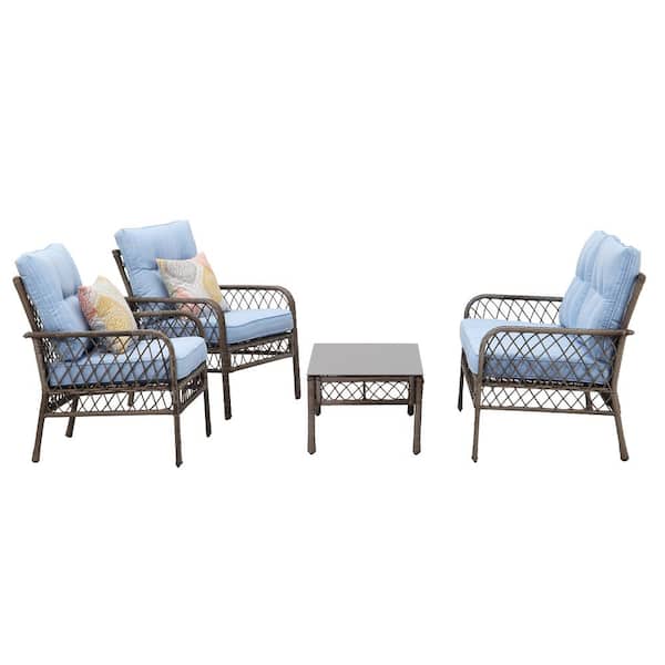 Unbranded 4-Piece Grey Wicker Outdoor Patio Conversation Set Seating Sofa Group with Blue Cushions