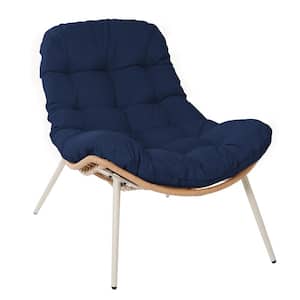 Patio Beige Wicker Scoop Outdoor Lounge Chair with Navy Blue Cushion