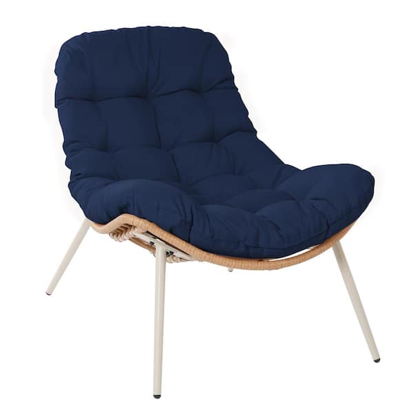 PATIOGUARDER Patio Beige Wicker Scoop Outdoor Lounge Chair with Navy Blue Cushion