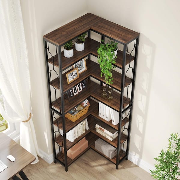 Frailey 23.6 in. Wide Rustic Brown 14-Shelf Corner Bookcase, 7-Tier Industrial Corner Shelf Freestanding Bookshelf