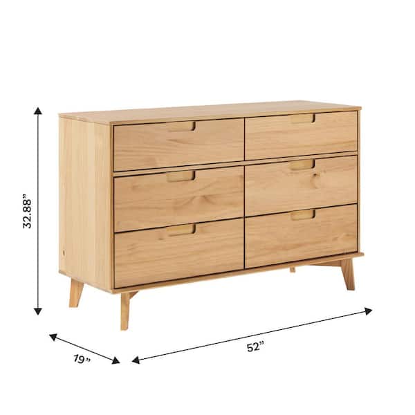 Sloane Natural Pine 6-Drawer Wood Mid-Century Modern Solid Wood 52 in. Dresser
