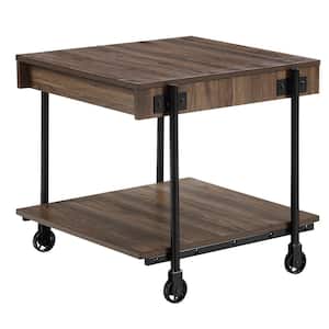 Bargib 23.63 in. Black and Dark Walnut Square Wood End Table with Wheels
