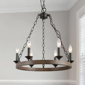 Rustic Farmhouse Chandelier 6-light Black Candlestick Wagon Wheel Island Chandelier Pendant Light with Faux Wood Accents