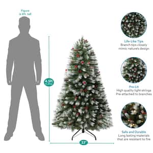 4.5 ft Frosted Pre-Lit Artificial Christmas Tree with Pine Cones, Faux Berries, Foot Pedal, 200 Warm Lights and Stand